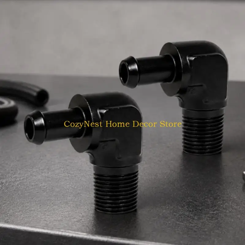 92MF Male Thread to Hose Barb Adapter Set with 90-Degree Direction Change, Black Aluminum Construction, and Full-Diameter