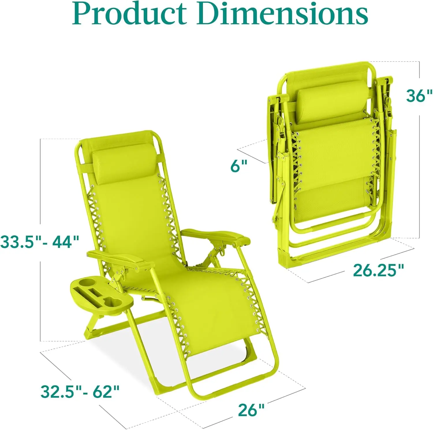 Silla ajustable de gravedad cero, sillón reclinable plegable para patio de color monocromático con bandeja lateral, reposacabezas - Neón