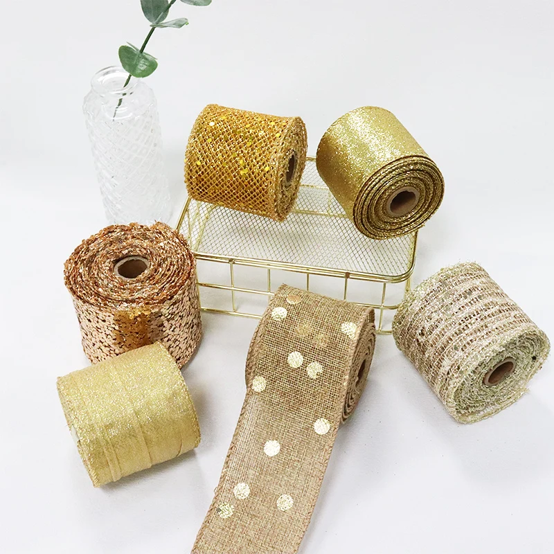 2-1/2\'\' 63mm Wired Edge Burlap Jute Golden Glitter Ribbon For Wedding Christmas Homemade DIY Decoration Gift Packaging