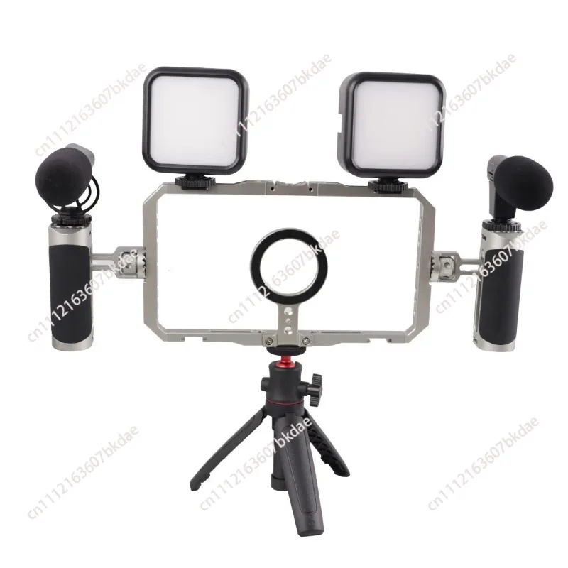 Mobile Phone Handheld Stabilizer with Extendable Mic & Metal Cage, Smartphone Video Holder for Vlog Shooting