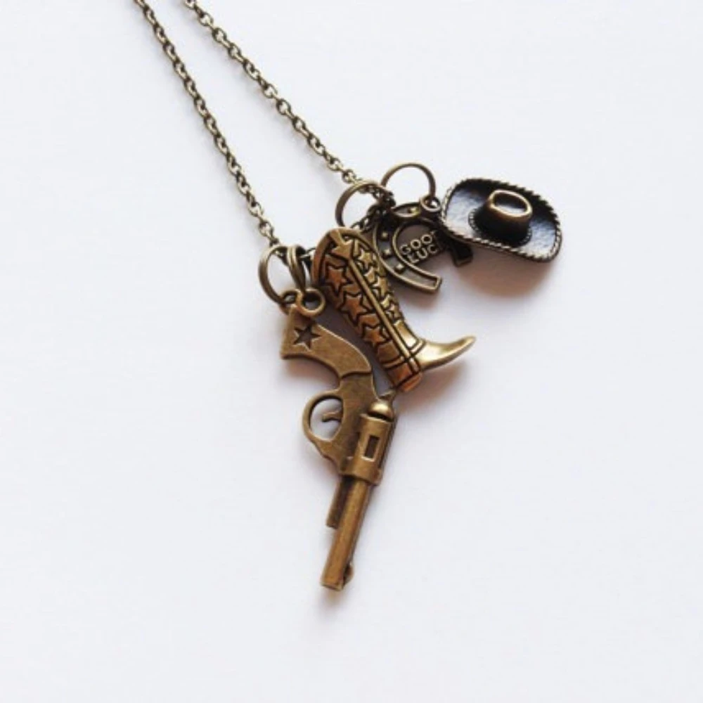 Hip-hop Retro  Gold Color Western Cowboy Boot Hat Pistol Pendant Necklace for Women Men Personality Fashion Jewelry Accessories view 2