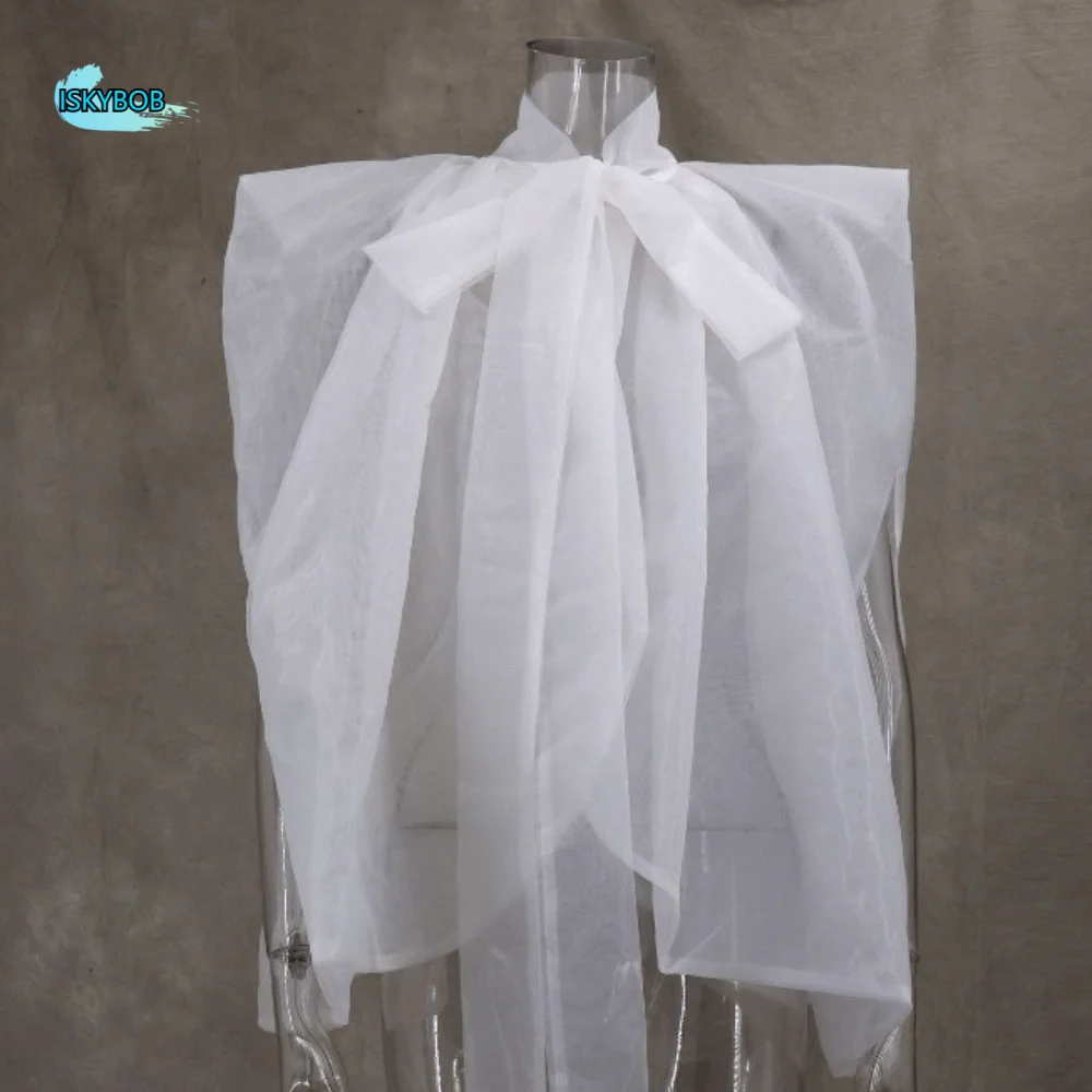 

Stand Collar White Shawl Bow Tops Streetwear Temperament Solid Shawl Style Shirt Chiffon High-density Yarn Women's Bowknot Shirt