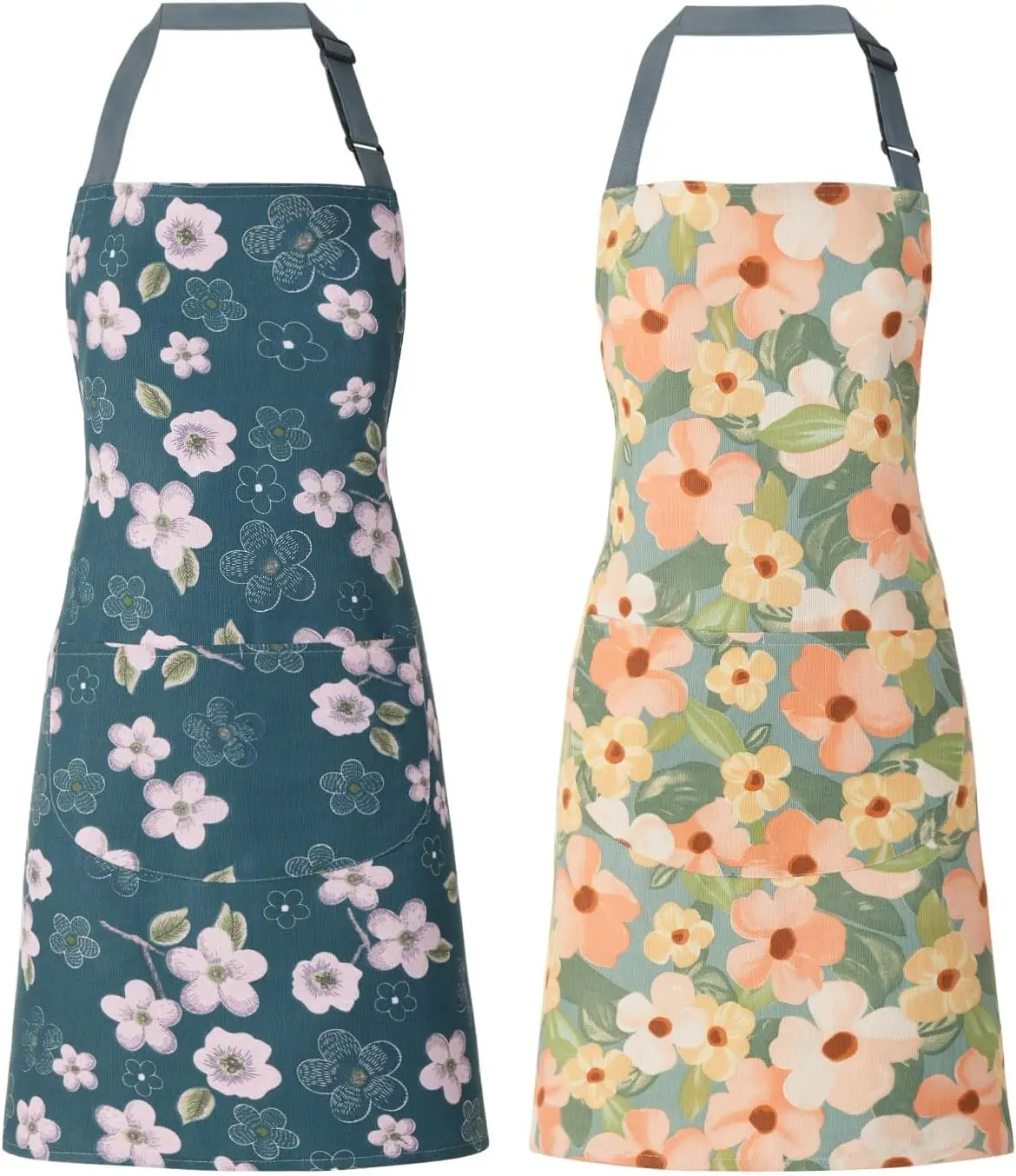

2 Pack Floral Apron for Women with Pockets, Adjustable Cotton Chef Aprons for Kitchen Cooking BBQ Grill