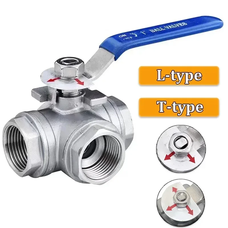 304 stainless steel three-way ball valve with switch buckle L/T type one in and two out inner wire valve switch 6/4 minutes