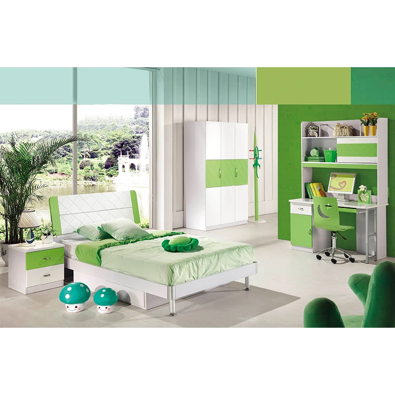 Popular New Design Mdf Cute Matte Green Color Single Bed Kids Bedroom Furniture
