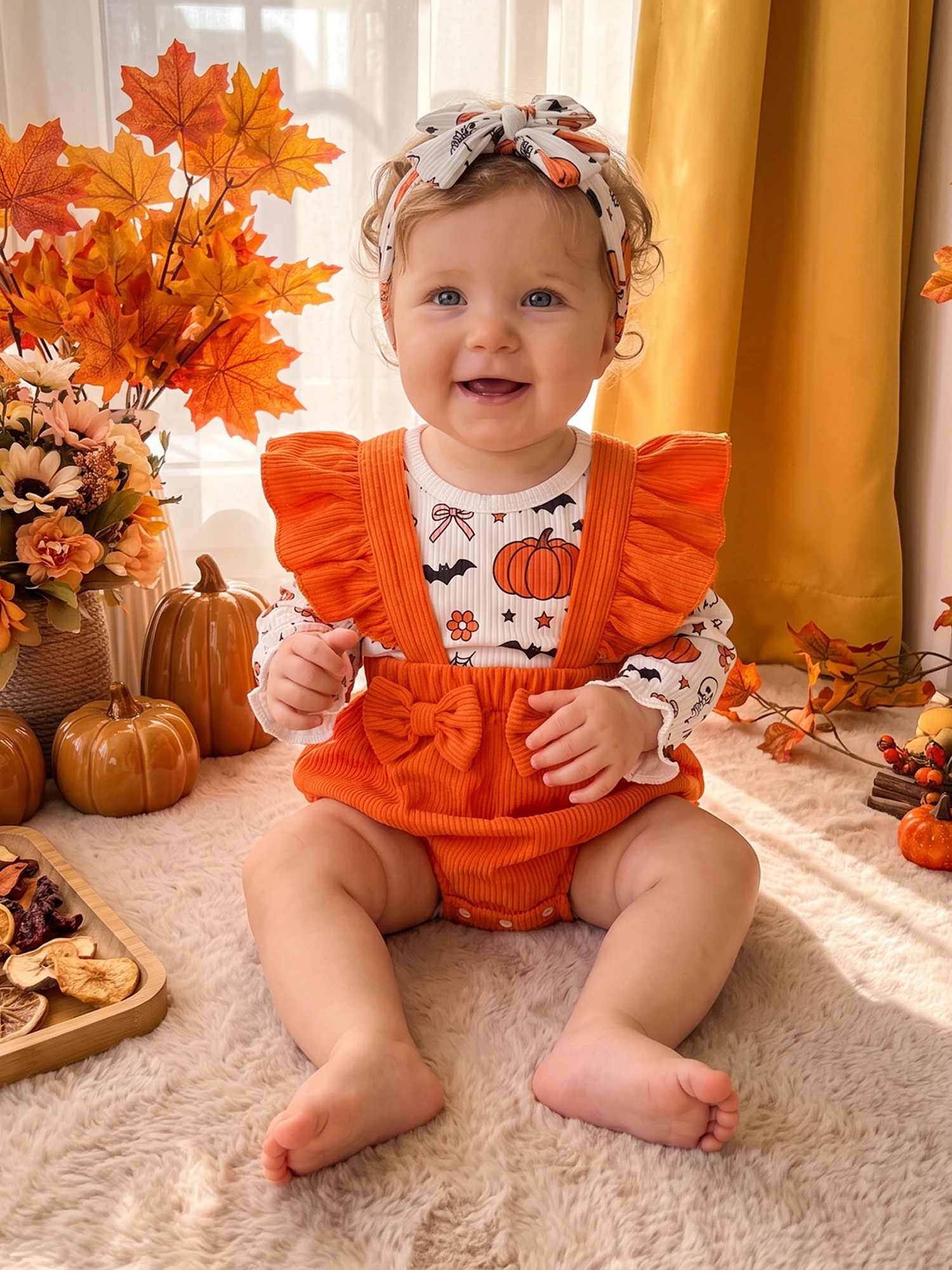 Baby Girl Long Sleeve Romper Flying-Overalls Ghost Bow Flying Girl-Halloween Set Baby Girl Halloween