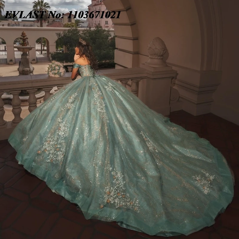 EVLAST Mexican Aqua Quinceanera Dress Ball Gown Shiny Lace Applique perline corsetto di cristallo dolce 16 Vestidos De XV Anos SQ338