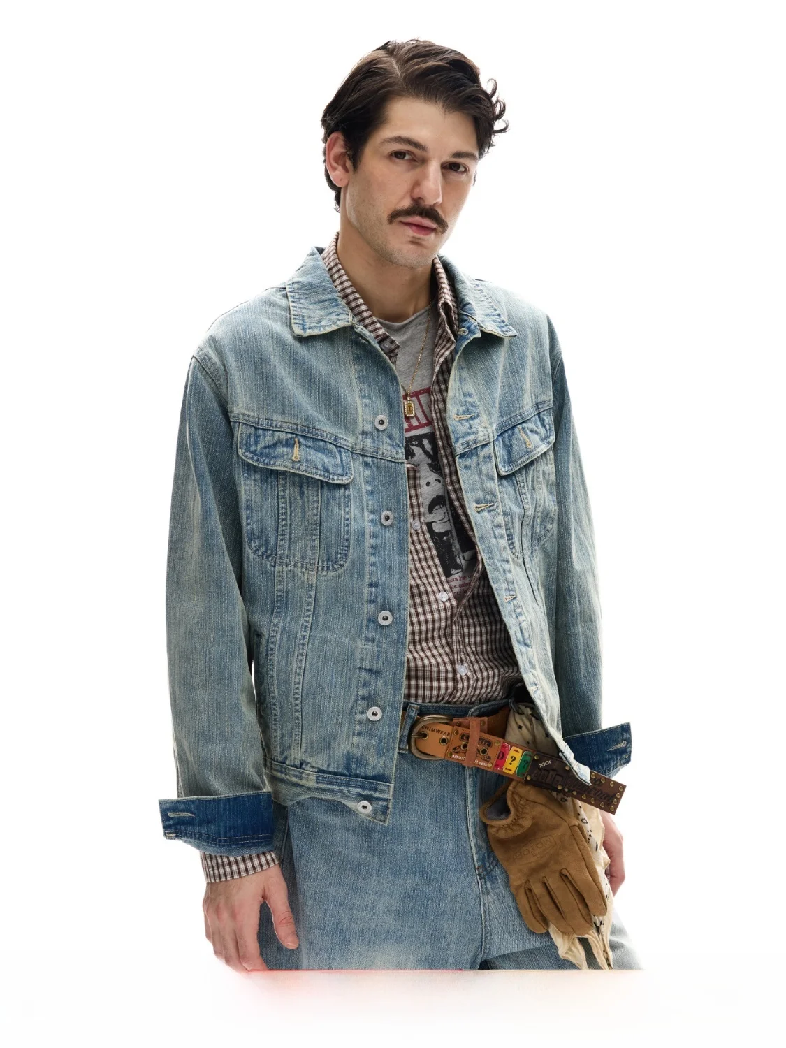 

MADWITCH Vintage Washed Bamboo Texture Workwear Denim Jacket Loose Casual Deconstructed Jacket Trendy Unisex Cotton Polyester