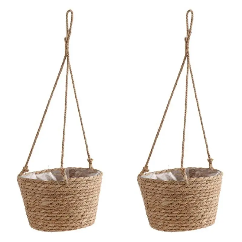 A84X-2X Garden Hanging Planter Macrame Plant Storage Basket Jute Rope Woven Indoor Outdoor Flower Pot Holder Primary Color M