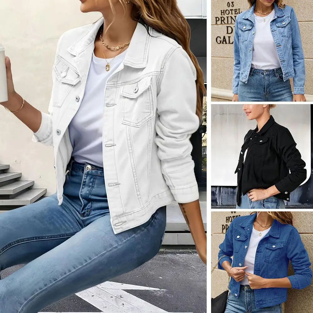

Denim Jacket For Women Ladies Solid Color Casual Long Sleeve Button Down Chest Pocket Jean Jacket