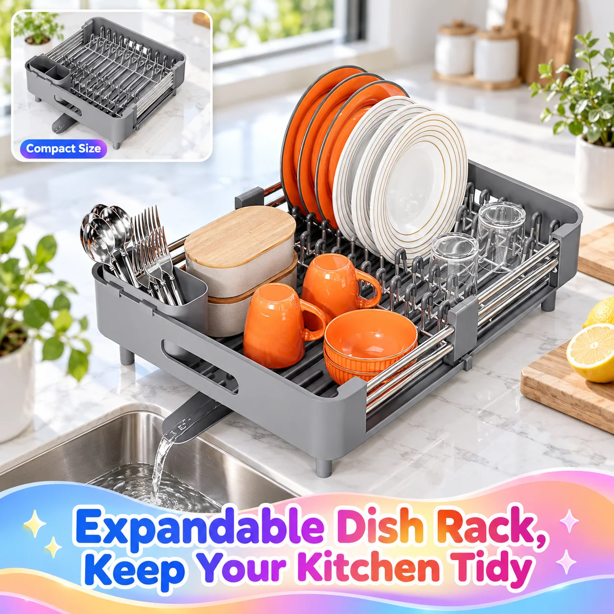 Extendable Stainless Steel Dish Drying Rack for Kitchen Counter, Gray, Expandable Length Design, Automatic Drainage System, Rustproof & Non-Scratch, Space Saving Dish Organizer for Plates, Bowls and Mugs