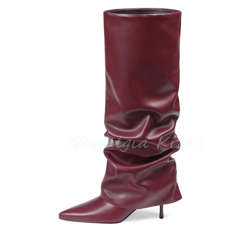 

2025 Autumn Red Knee High Stacked Calf Boots Pointed Toe Slim Fit High Heel Shoes Pleated Fashion Slip On Women's Long Boots