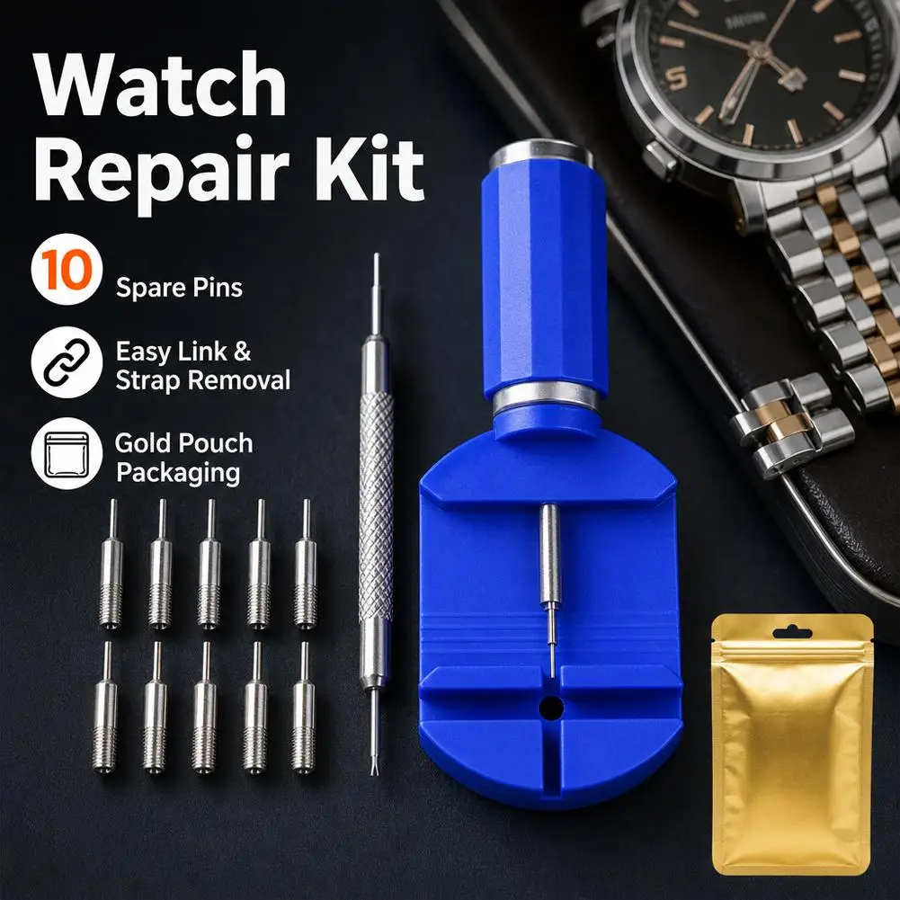 Blue Watch Link Remover Tool + Double-ended Spring Bar With 12pcs Spare Metal Replacement Pins For Watch Band Strap Adjustment