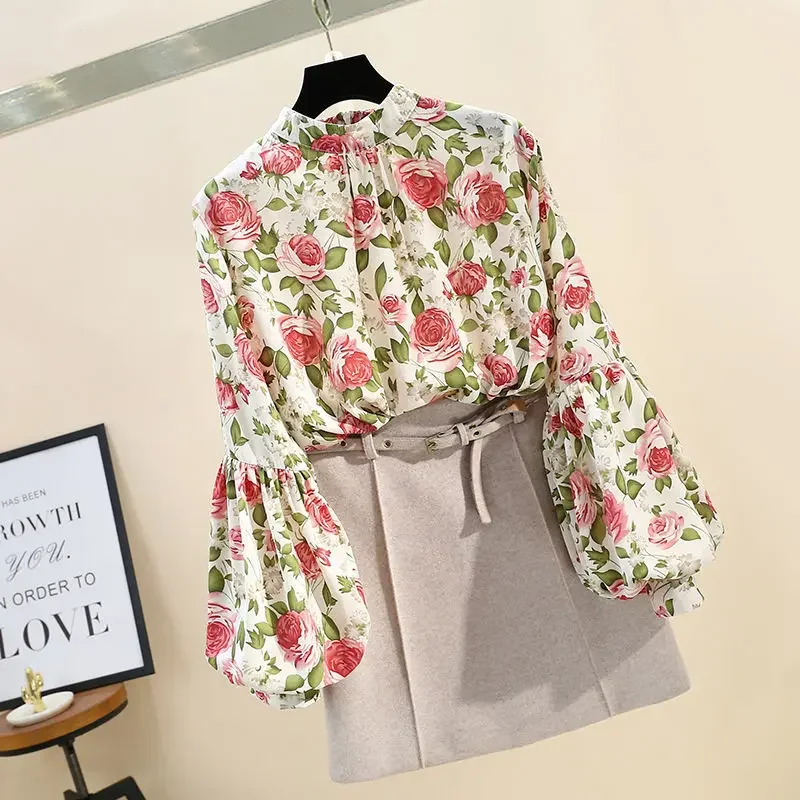 Women\'s Clothing Korean Fashion Floral Print Stand Collar Blouse Spring Autumn Lantern Sleeve All-match Chiffon Shirt for Female