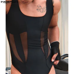 Incerun-sem mangas malha Patchwork Bodysuit dos homens, macacão Sexy, Streetwear, transparente, masculino magro, S-5XL, Moda, 2022