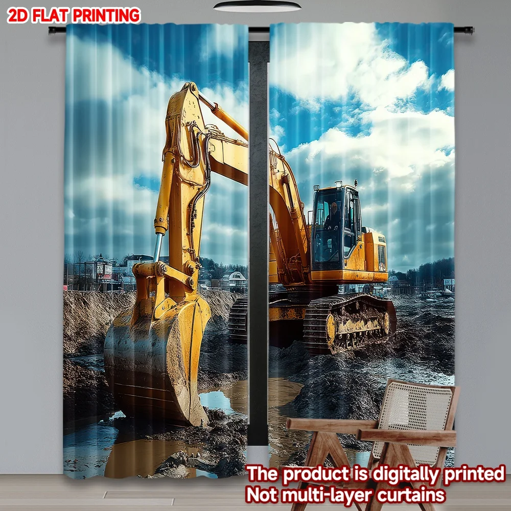 

2D flat printing 2pcs Drapes Yellow Excavator in Mud Digital Printed Polyester Drapes Birthday Party Perfect for Holiday Home