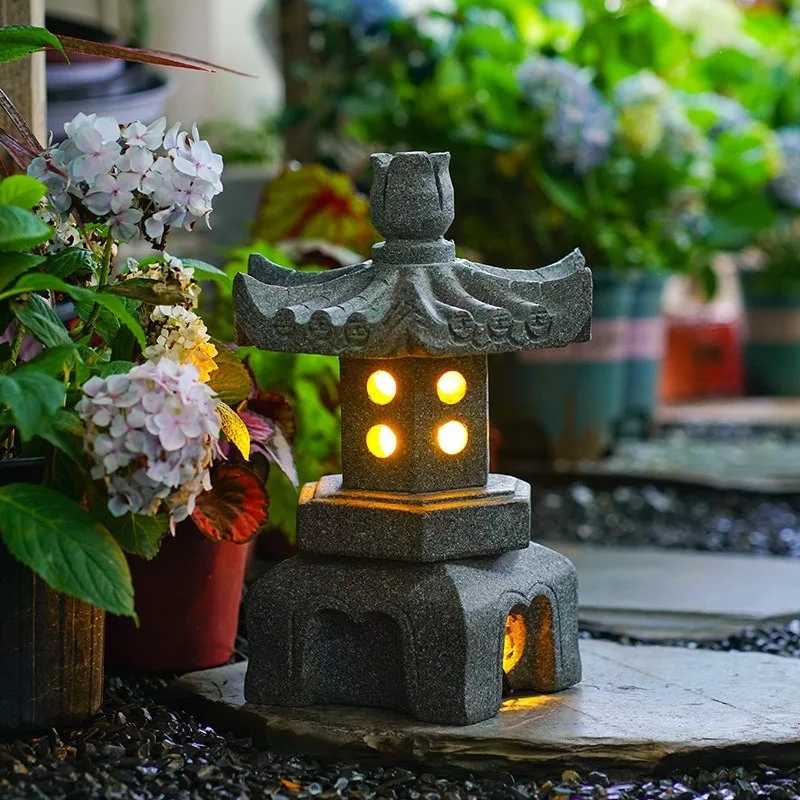 Solar outdoor garden light Garden villa landscape light Chinese retro stone lantern decorative stone lighthouse ornament