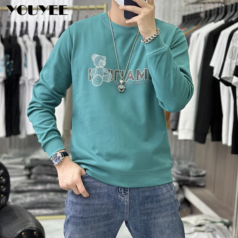 Men's Hoodie Teddy Bear Diamonds Round Neck Pullover Long Sleeved T-shirt Base Shirt Winter Fashion Cotton High quality Clothes