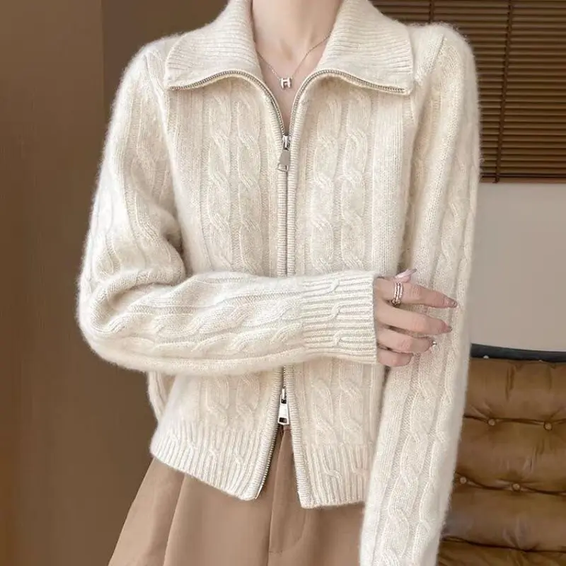 

Женский кардиган с двойной молнией и лацканами, мягкий восковой утолщенный свитер с жареным тестом, новинка 2025, вязаное пальто, топ