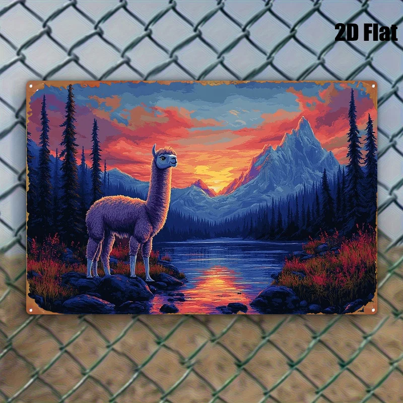 2D Flat, 1pc 2D Flat Painting, Alpaca at Sunset Mountain Range Scenery Metal Wall Hanging Decorative Art, Iconic Figure, Suitabl