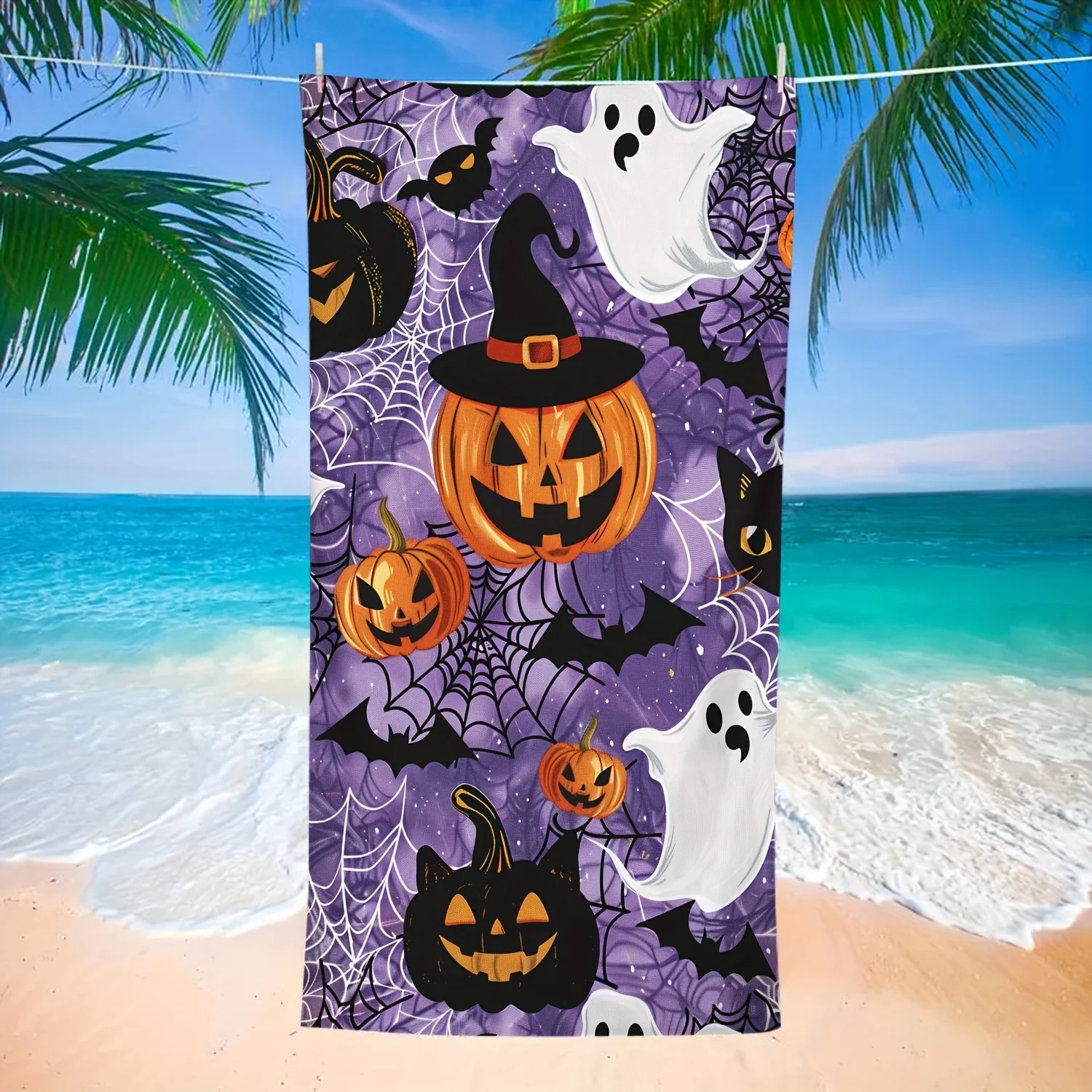 Vintage Halloween Ghost Pumpkin Beach Towel, Extra Large Quick Dry Super Absorbent Polyester Bath Sheet