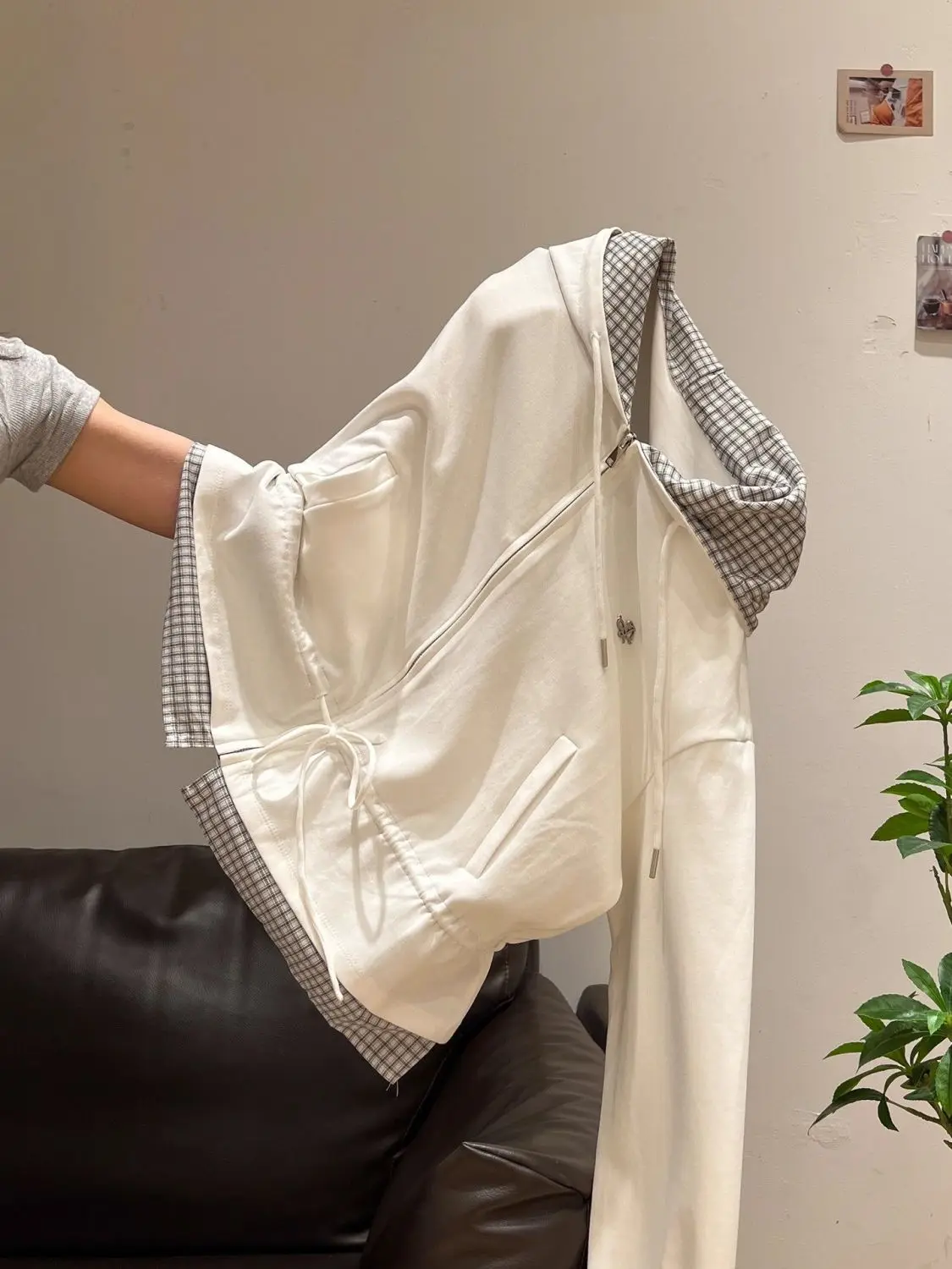 كارديجان نسائي فضفاض بأكمام طويلة ونقشة مربعات مع غطاء للرأس ورباط خيطي، أزياء كورية عصرية للخريف