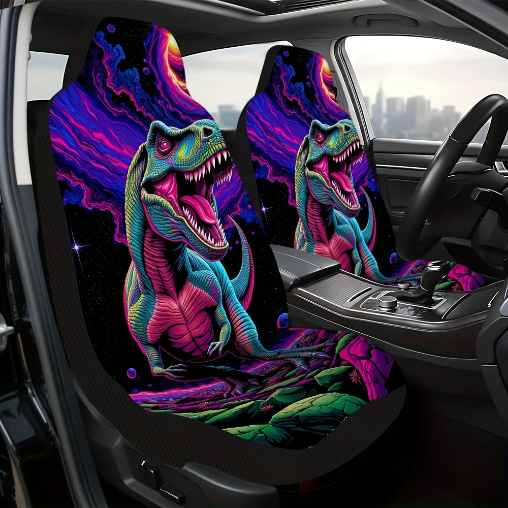 2pcs Psychedelic Dinosaur Galaxy Adventure Pattern Car Seat Covers | Easy To Install And Clean, Universal Fit For Car, Truck, SU