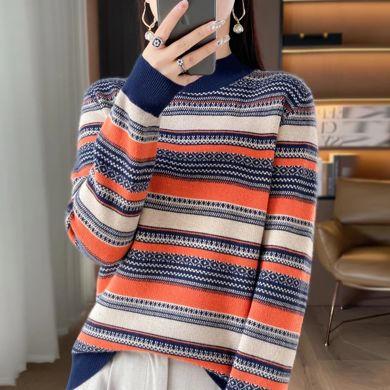 2024 Autumn/Winter Women\'s Cashmere Sweater Knitted Pullover Knitted Sweater Women\'s Warm Loose Striped Sweater Top