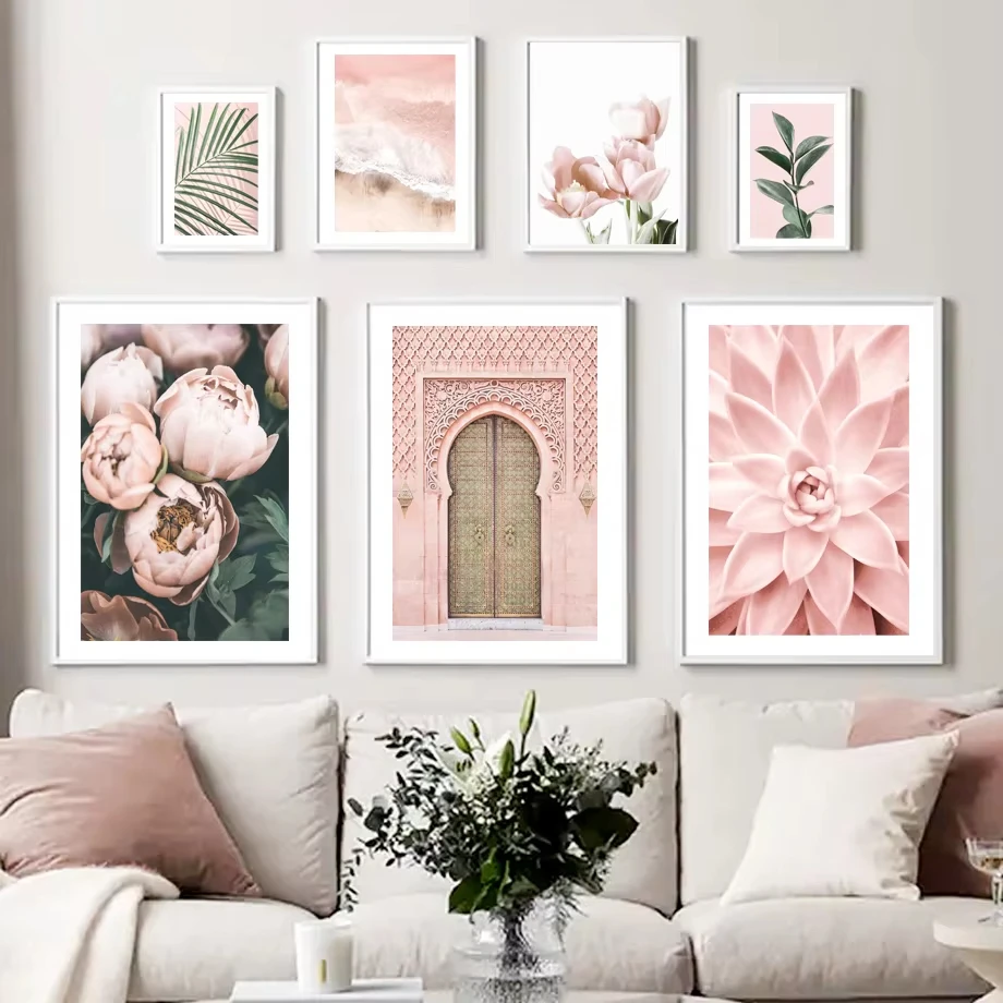 Natural Moroccan Door Palm Leaf Flower Wave Pink Succulent Wall ArtCanvas Painting Nordic Poster Prints Home Decoration Pictures
