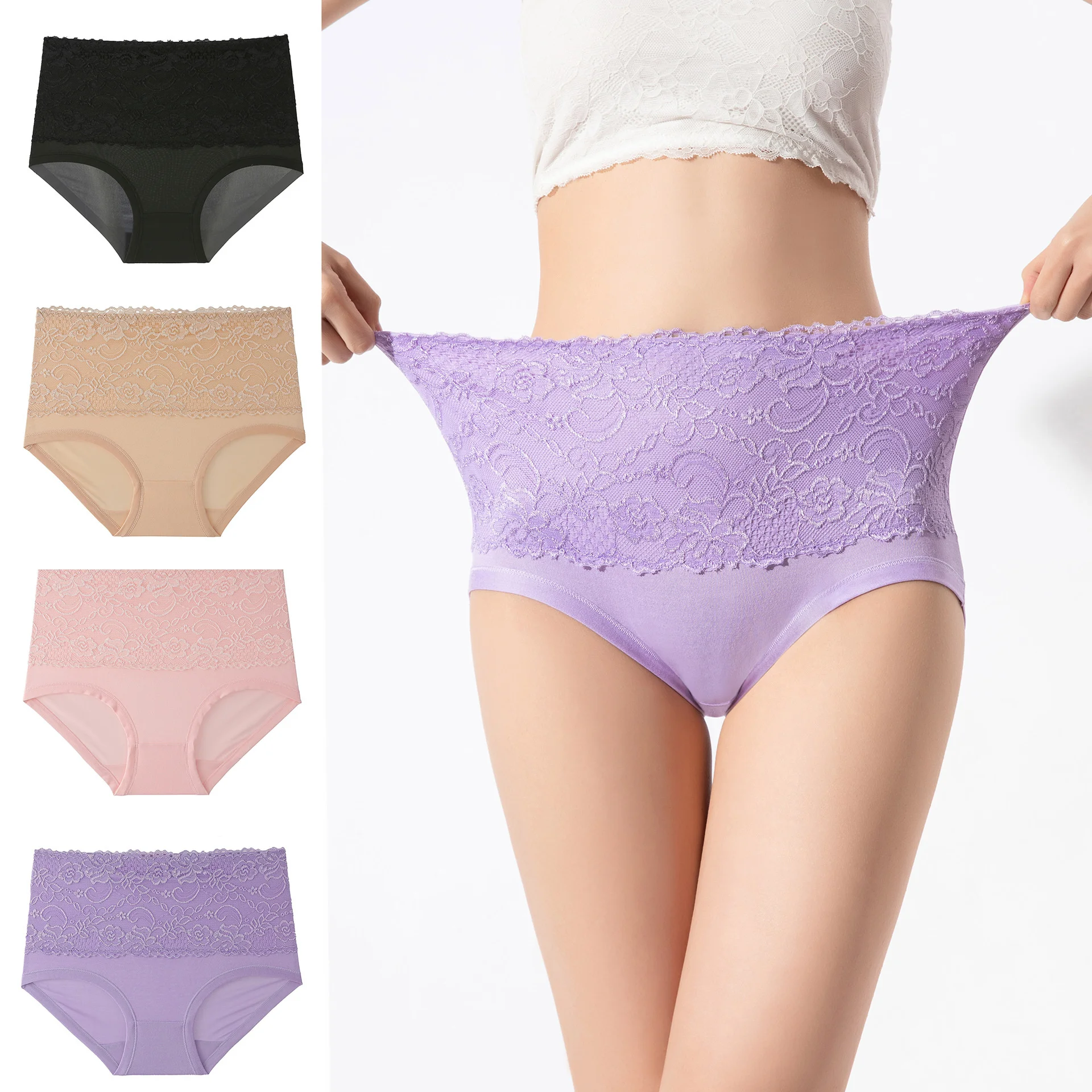 

High Waist Underwear Briefs Women Briefs Lace Solid Color Panties Hot Temptation Girls Belly Briefs Plus size 6XL Briefs