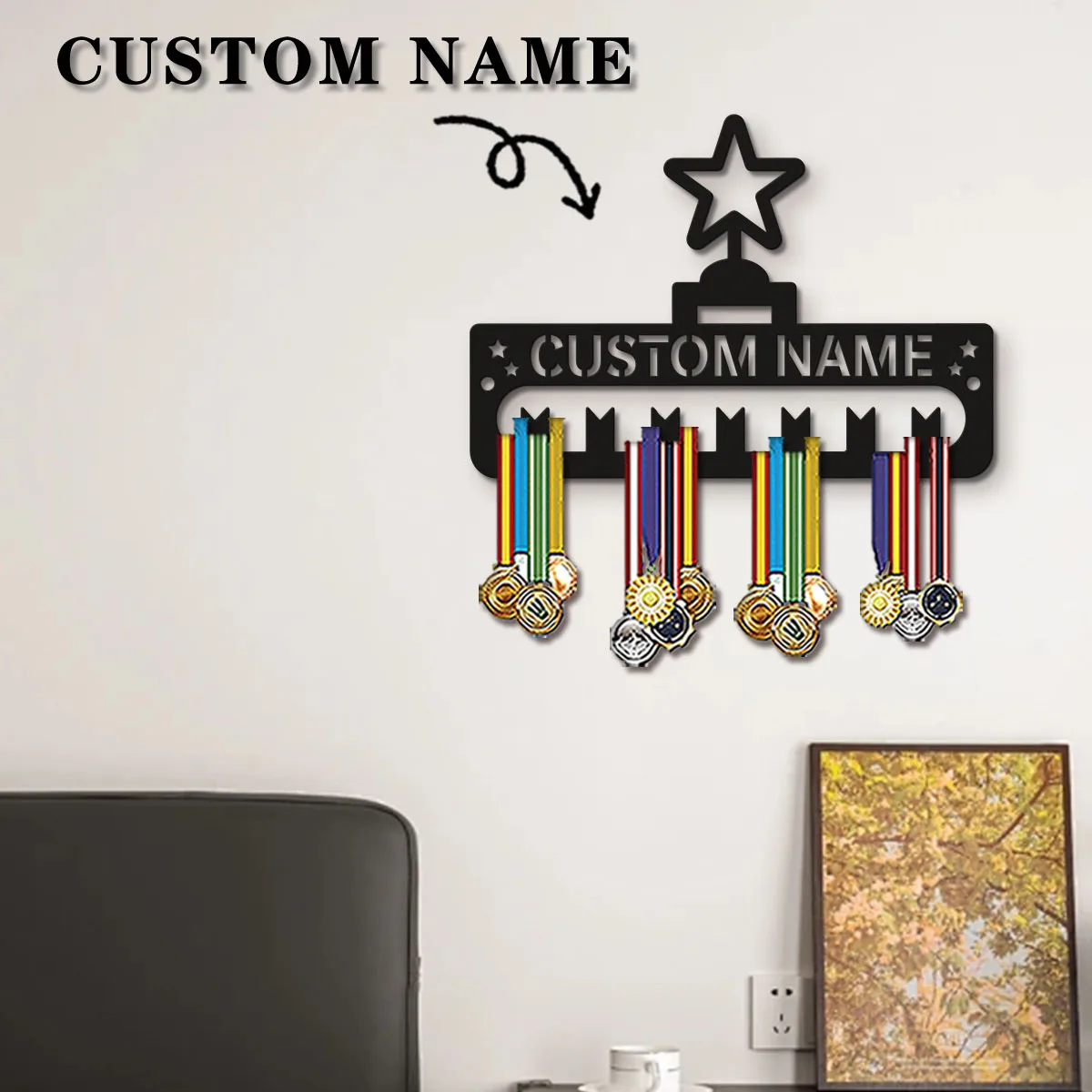 1pc Custom Modern Style Cartoon Star Decor Frame Wooden Sports Medal Holder, Wall Mounted Display Stand for Sports Lovers Gift
