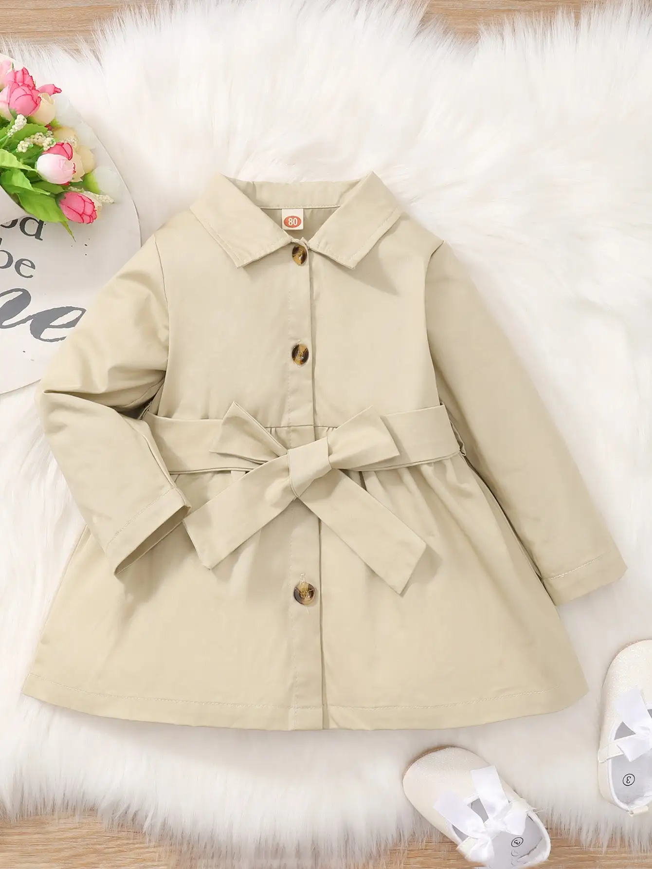 Spring And Autumn Full Moon Girl Baby Lapel Top Coat British Style Apricot Simple Breasted Long Sleeve Belt All The Trench Coat