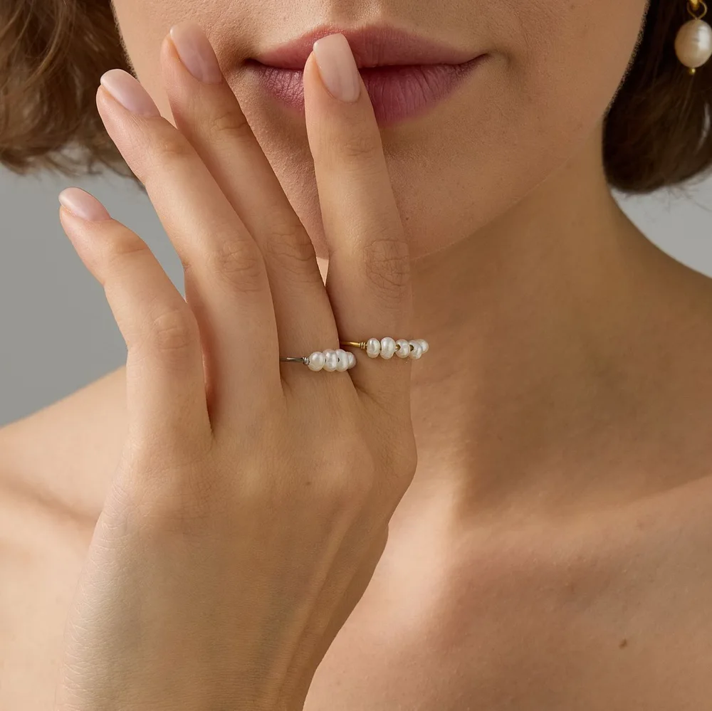French Vintage Pearl Rings Set for Women 14K Gold Plated Baroque Pearl Ring Twisted Chunky Statement Finger Rings Jewelry Gift view 4