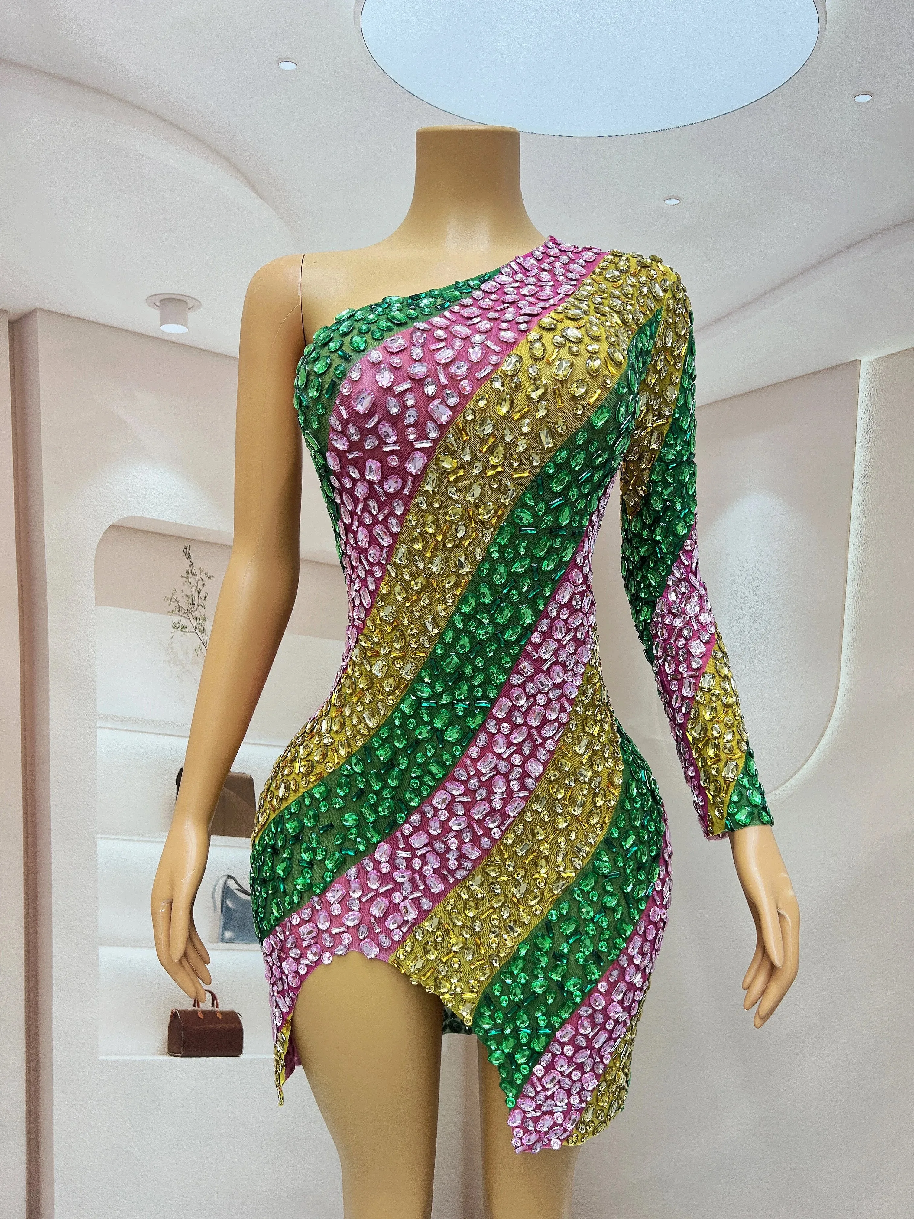 Sexy Colorful Crystals Single Sleeves MINI Dress Birthday Celebrate Evening Costume Big Stones Performance Dress chuncai