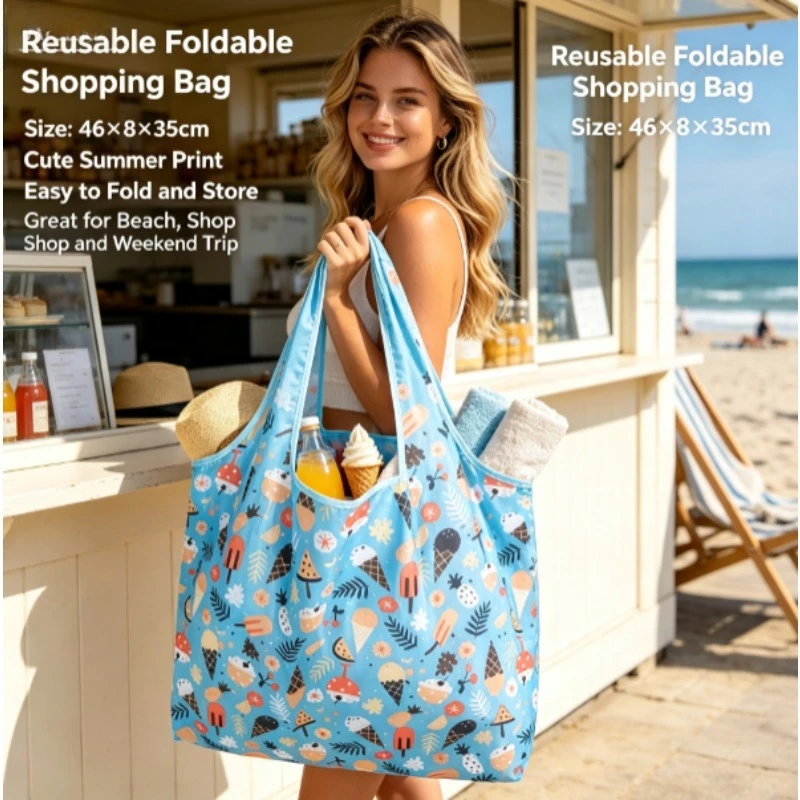 Foldable Medium‑Size Nylon Shopping Bag, Lightweight Waterproof Portable Shoulder Handbag, Reusable Eco‑Friendly Tote Bag
