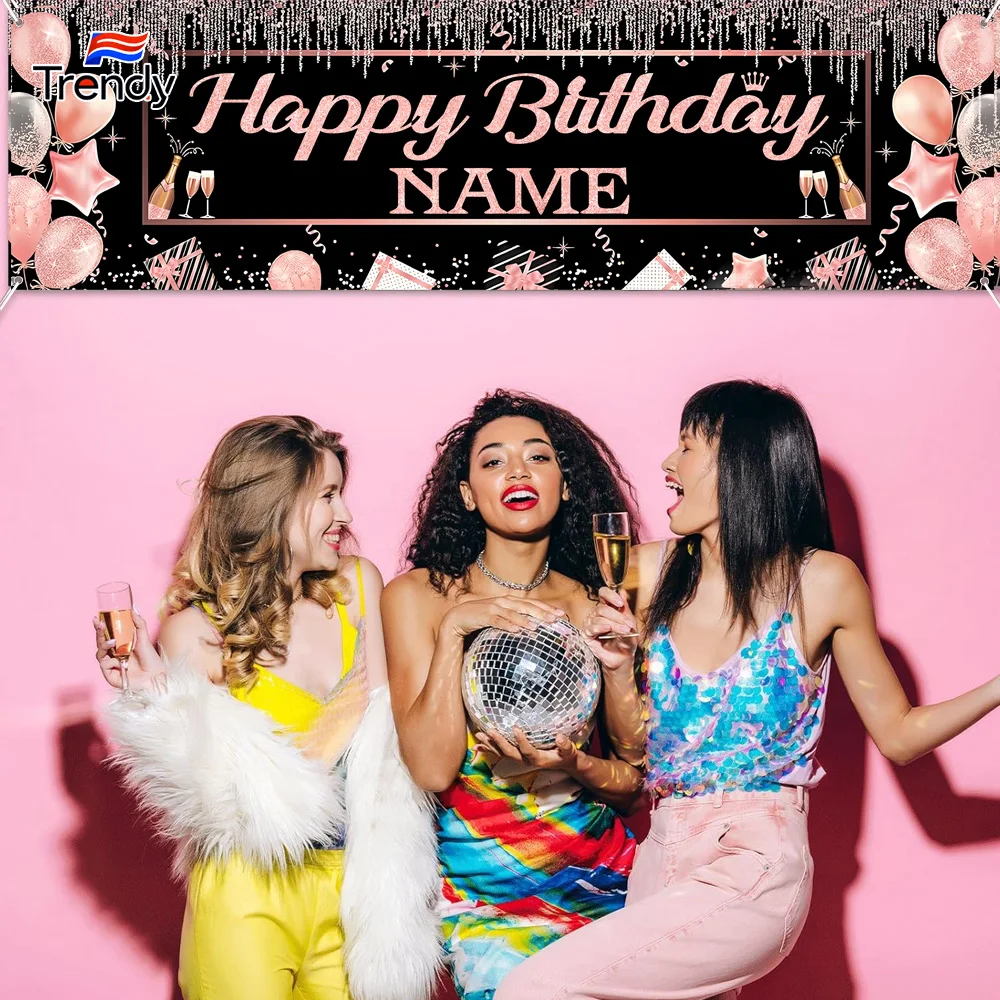 Personalized Birthday Banner Happy Birthday Party Decor Custom DIY Rose and Gold Black Birthdays
