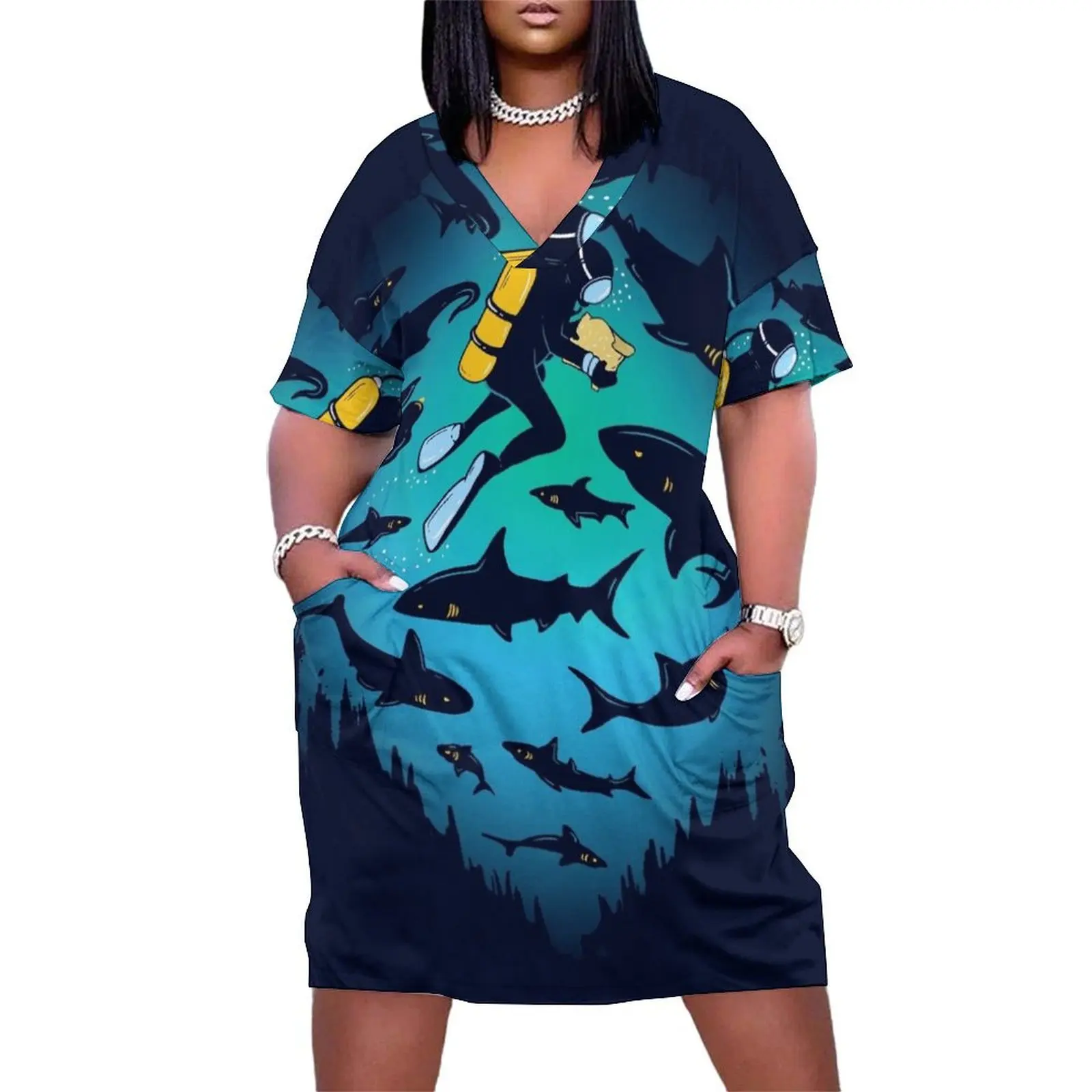 

Screwed Funny Shark and Diver Illustration Loose Pocket Dress dresses ladies 2025 summer Long veiled dresses