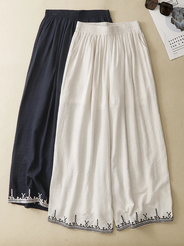 

Summer 2026 New Wide Leg Cotton Linen Pants Loose Fit High Waist Embroidered Artistic Casual Straight Nine Pointed Trousers