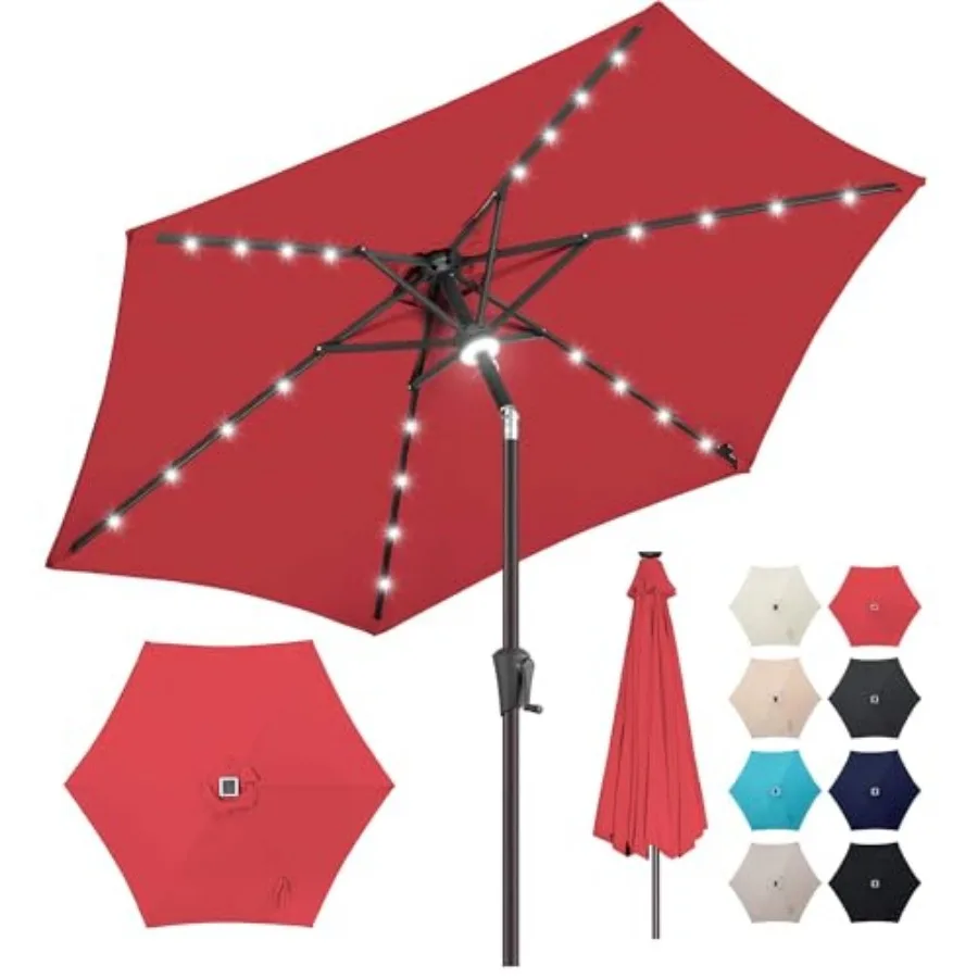 

Solar Umbrella Outdoor - Lighted Solar Patio Umbrella with 24 LED Lights Waterprool UV Protection Table Umbrella with Tilt for