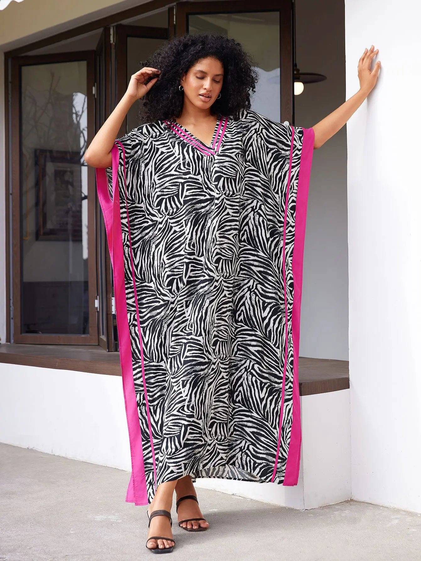 Caftán holgado de leopardo/cebra para mujer, vestido playero, traje de baño, ropa de playa