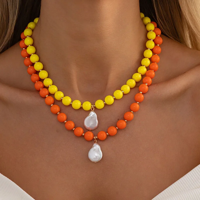 New Bohemian Round Acrylic Colorful Beaded Necklace Women Baroque Irregular Imitation Pearl Pendant Chain Jewelry Gifts