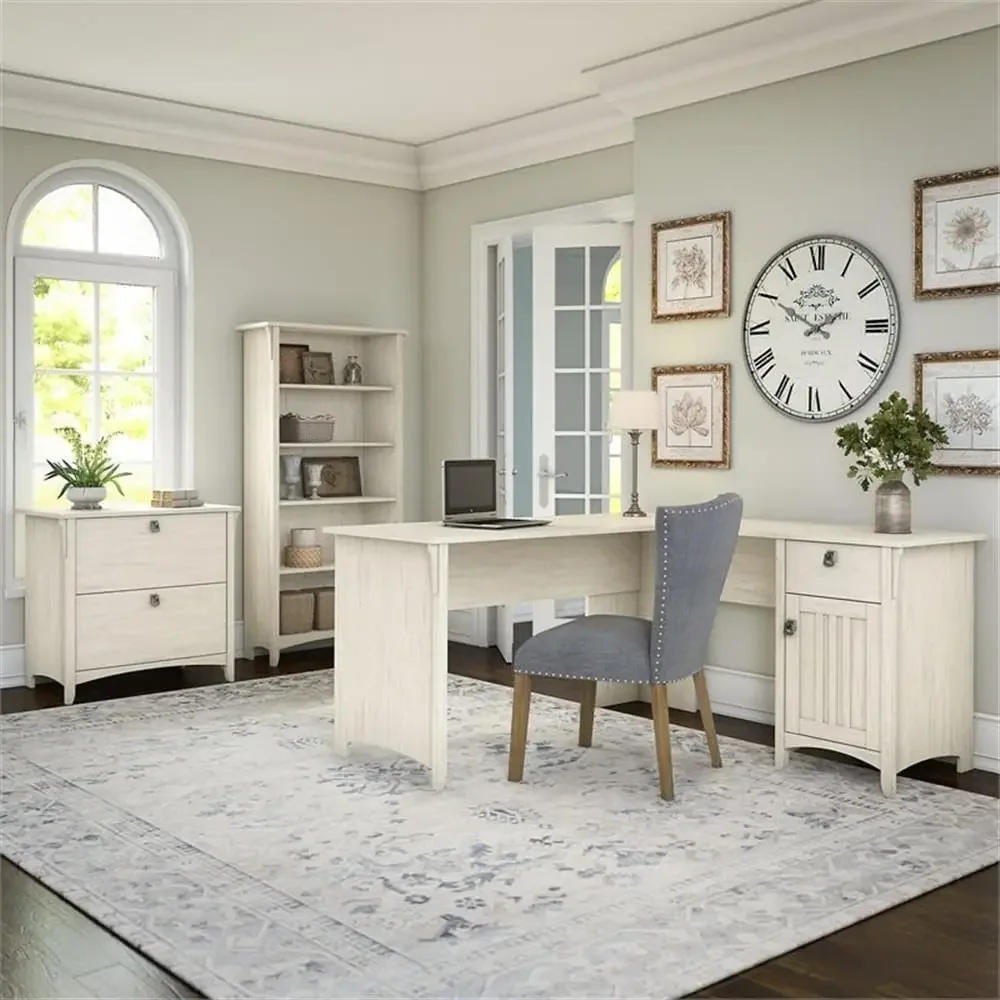 Furniture Salinas 60W L Shaped Desk with Lateral File Cabinet and 5 Shelf Bookcase in Antique White