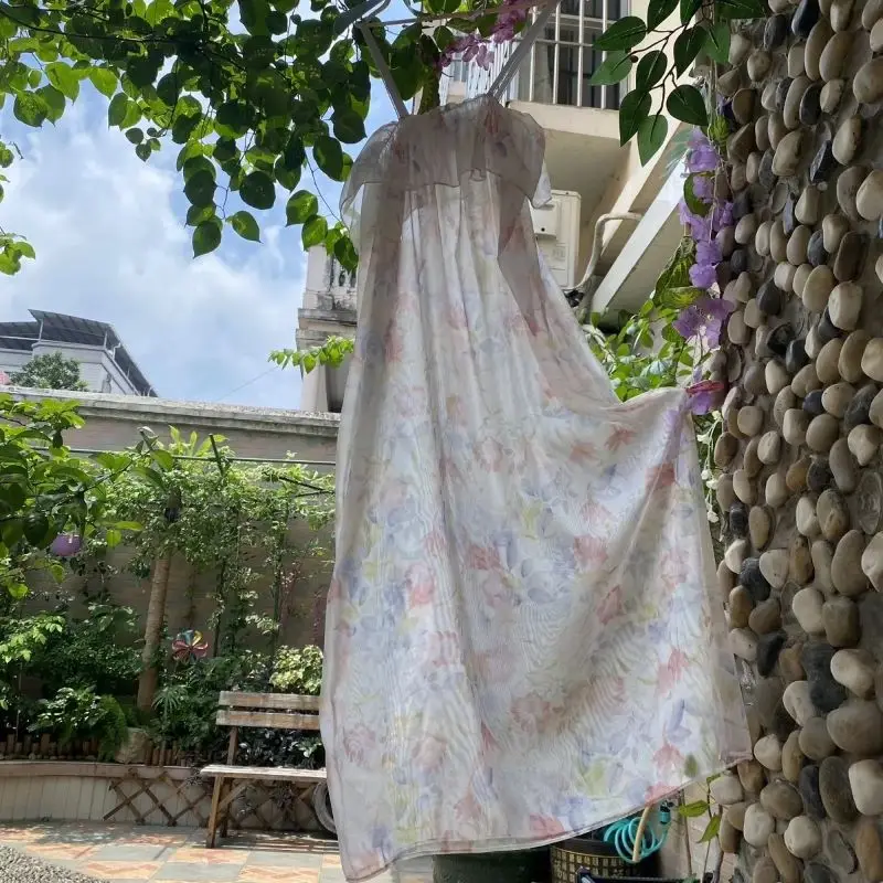 

Sheer Nightdress 2pcs Set Sexy Silky Touch Suspender Dress Long Sleeve Robe See Through Silk Tulle Floral Couple Sleeping Robe