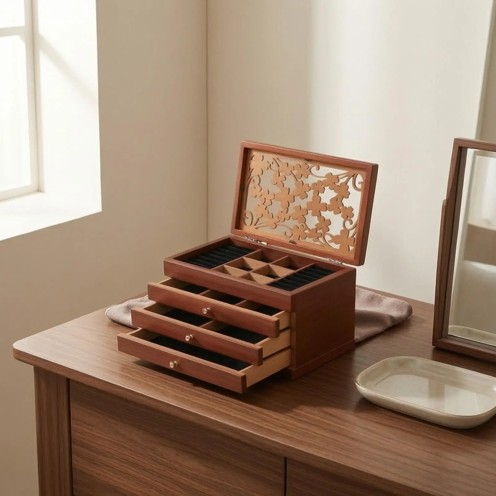 Wooden Jewelry Box Walnut Jewelry Box with Drawers Lockable for Bedroom, Gift