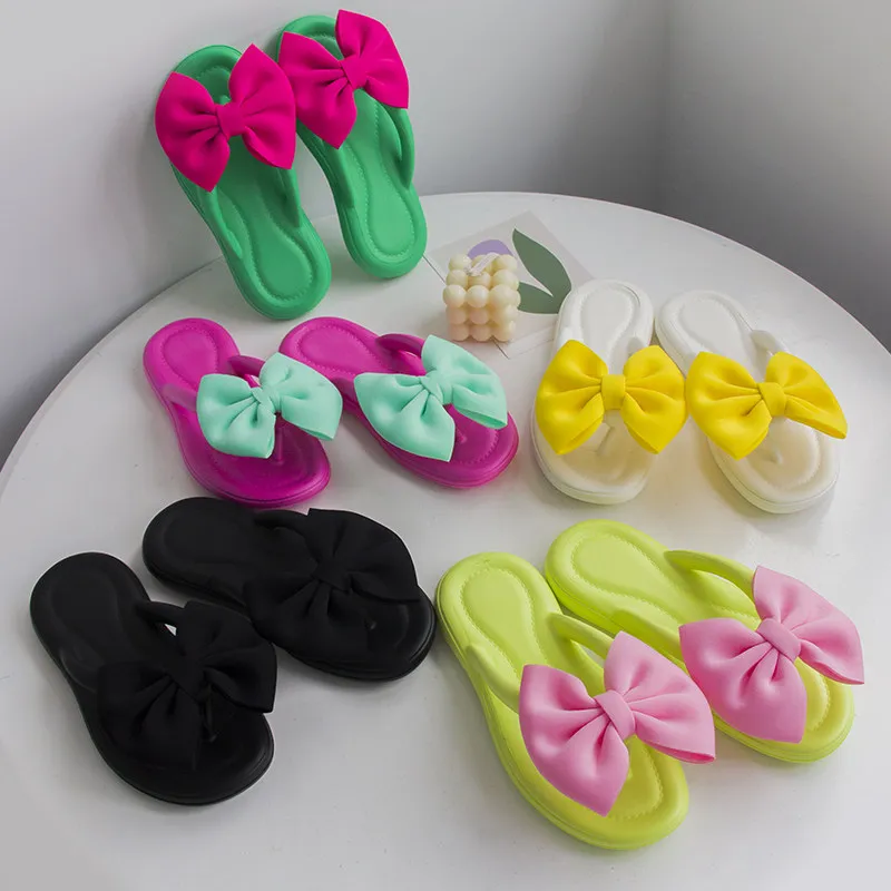 

Summer Sweet Contrasting Color Bow Stepping on Shit Feeling Herringbone Beach Slippers Seaside Vacation Eva Cool Slippers Women