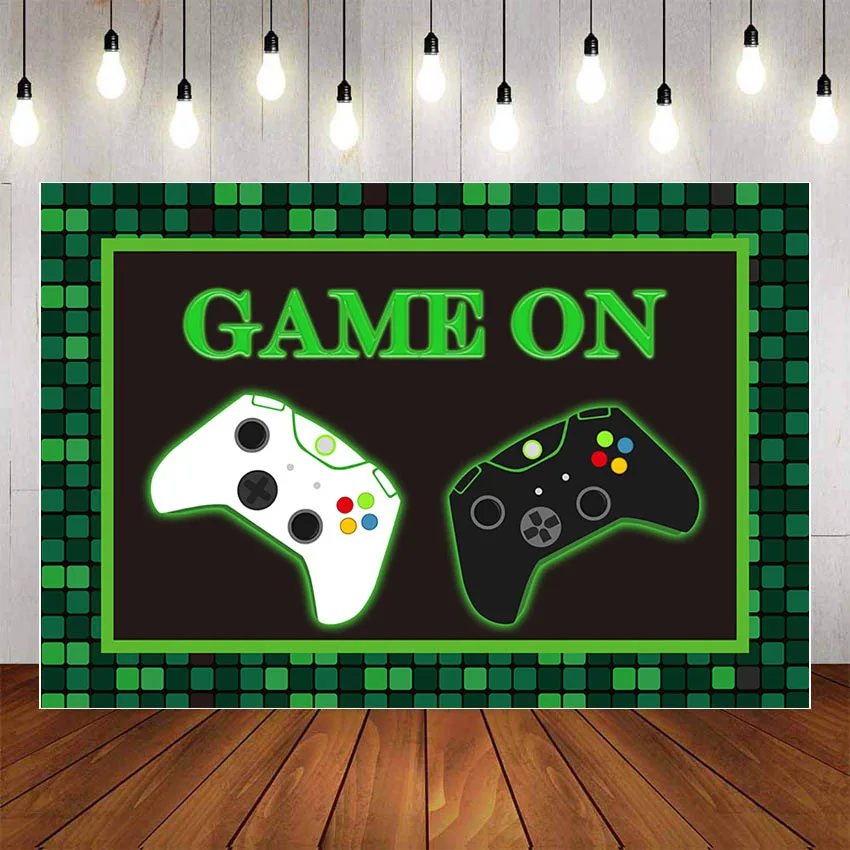 لعبة Mehofond على خلفية التصوير الفوتوغرافي ألعاب الفيديو النيون الأخضر الألعاب المستوى التالي حتى حفلة عيد ميلاد الأطفال خلفية استوديو الصور