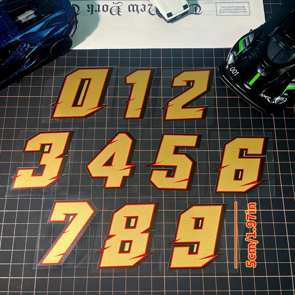2pcs Matte Gold Racing Number 0-9 Vinyl Sticker, Waterproof Decal For Motorcycle Helmet Car Bumper Fuel Tank Decor