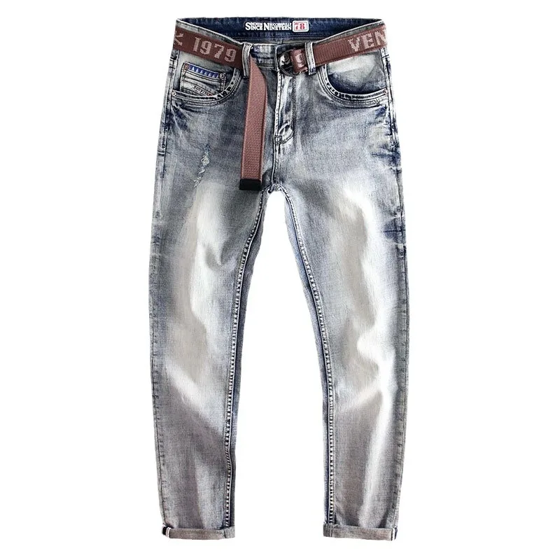 Newly Fashion Designer Men Jeans Retro Washed Blue Stretch Slim Fit Ripped Jeans Men Printed Vintage Casual Denim Pants Hombre
