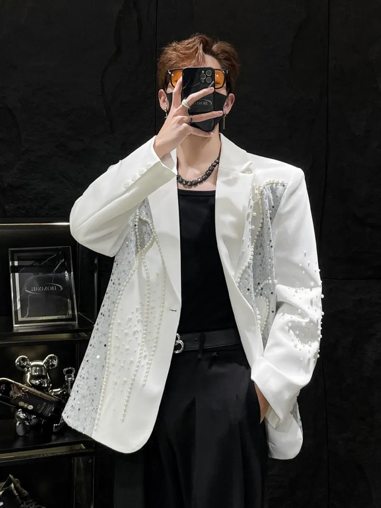 Shiny Pearls Beading Sequined Blazer Men Designer Spliced Stage Show Suit Coat Loose Fit Casual Party Fashion Outwear Jackets