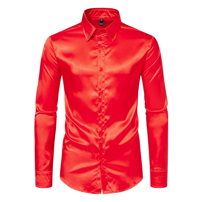 Herren Satin Luxus Hemden Mode Seide Glatt Männlich Smoking Hemd Solide Hochzeit Party Prom Casual Hemd Business Büro – Detail 25